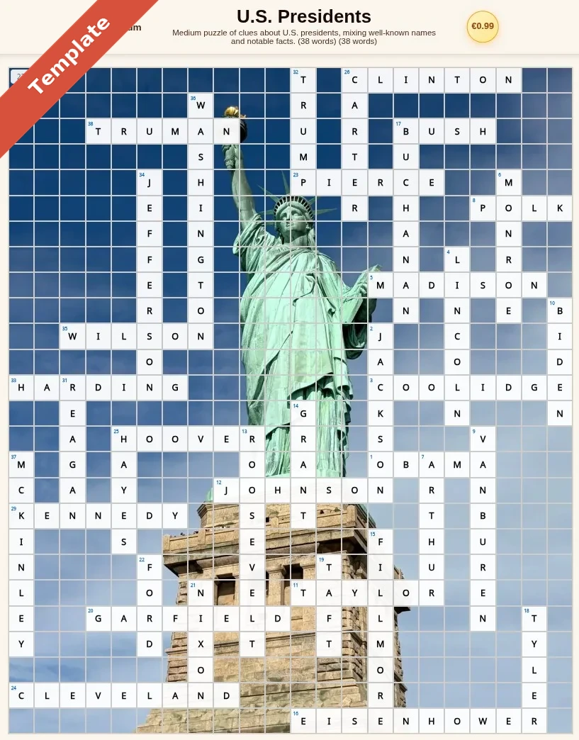 U.S. Presidents crossword puzzle with a Statue of Liberty background image